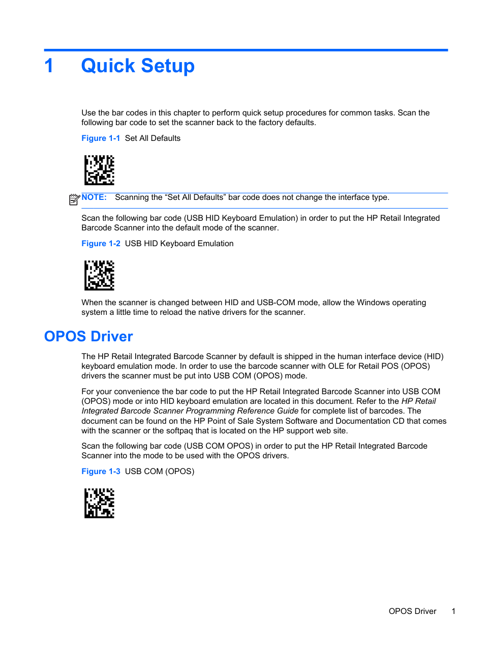 Quick setup, Opos driver, 1 quick setup | 1quick setup | HP RP7 Retail System Model 7800 User Manual | Page 7 / 32