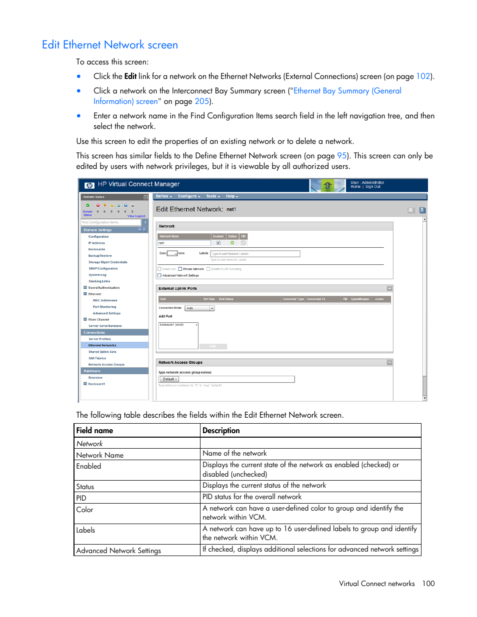 Edit ethernet network screen | HP Virtual Connect 8Gb 24-port Fibre Channel Module for c-Class BladeSystem User Manual | Page 100 / 262