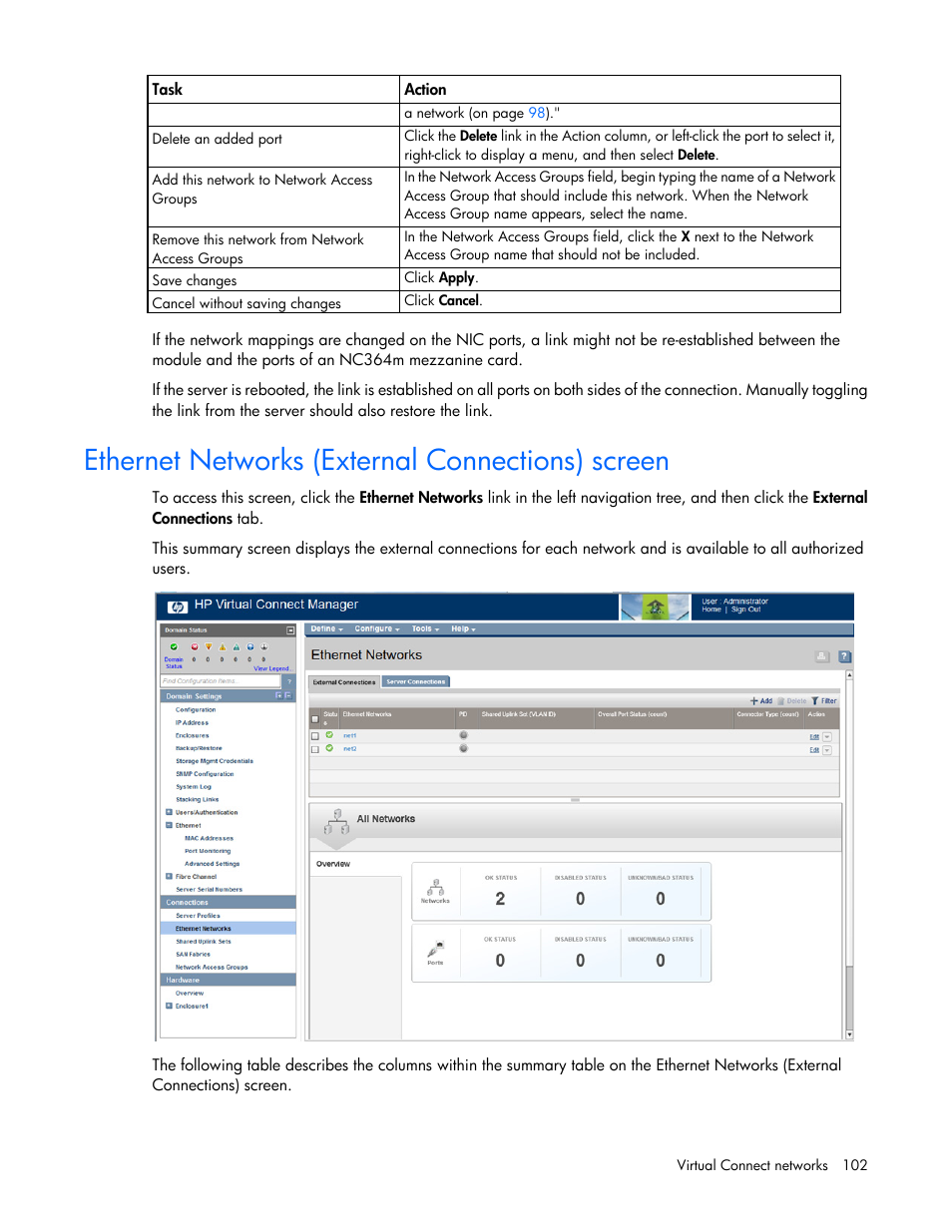 Ethernet networks (external connections) screen | HP Virtual Connect 8Gb 24-port Fibre Channel Module for c-Class BladeSystem User Manual | Page 102 / 262