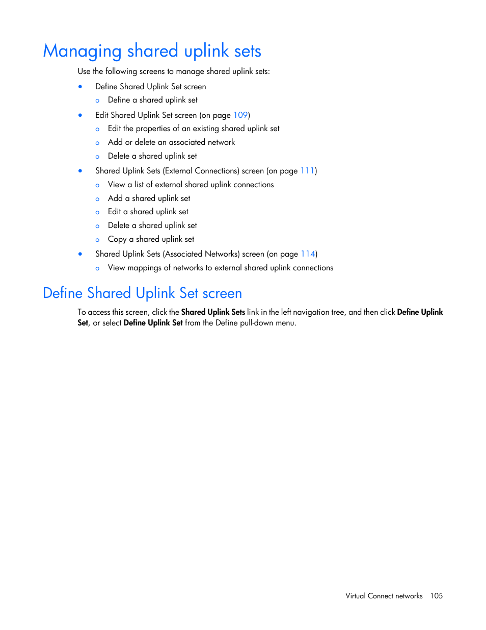 Managing shared uplink sets, Define shared uplink set screen | HP Virtual Connect 8Gb 24-port Fibre Channel Module for c-Class BladeSystem User Manual | Page 105 / 262