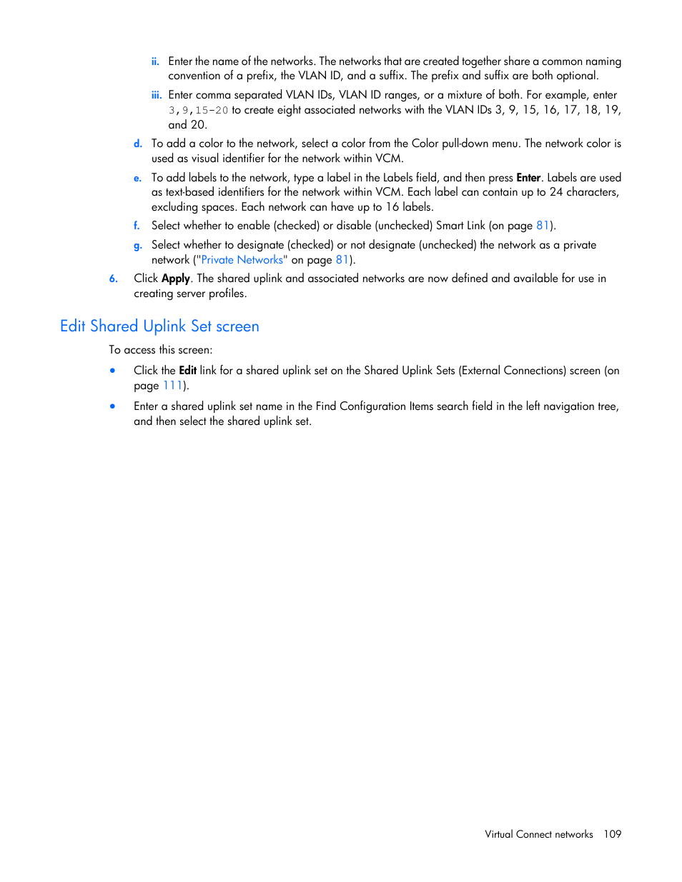 Edit shared uplink set screen | HP Virtual Connect 8Gb 24-port Fibre Channel Module for c-Class BladeSystem User Manual | Page 109 / 262