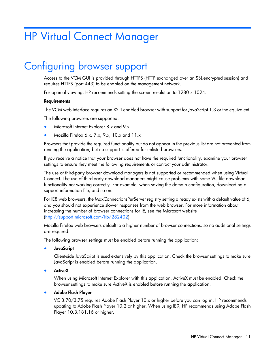 Hp virtual connect manager, Configuring browser support | HP Virtual Connect 8Gb 24-port Fibre Channel Module for c-Class BladeSystem User Manual | Page 11 / 262