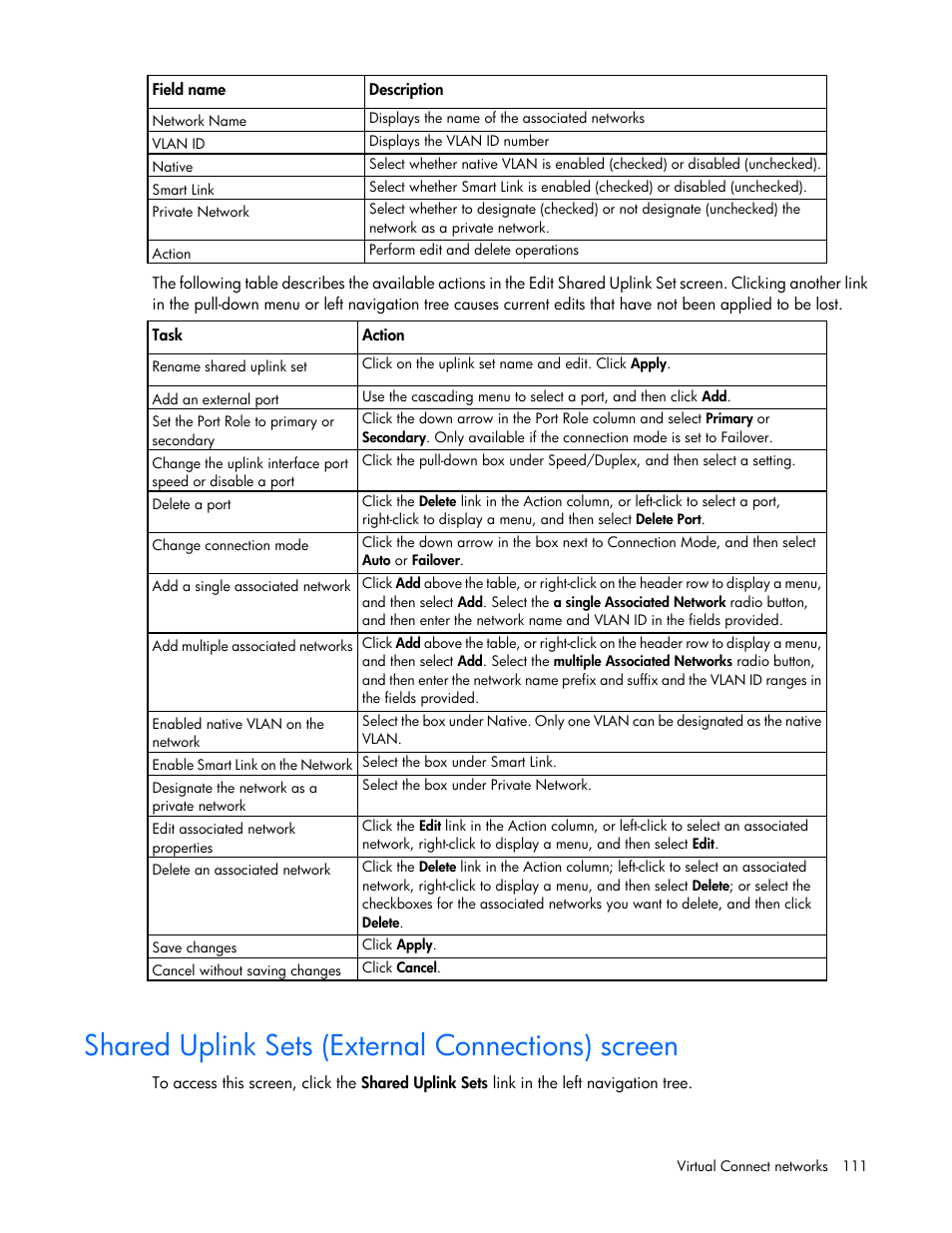 Shared uplink sets (external connections) screen | HP Virtual Connect 8Gb 24-port Fibre Channel Module for c-Class BladeSystem User Manual | Page 111 / 262