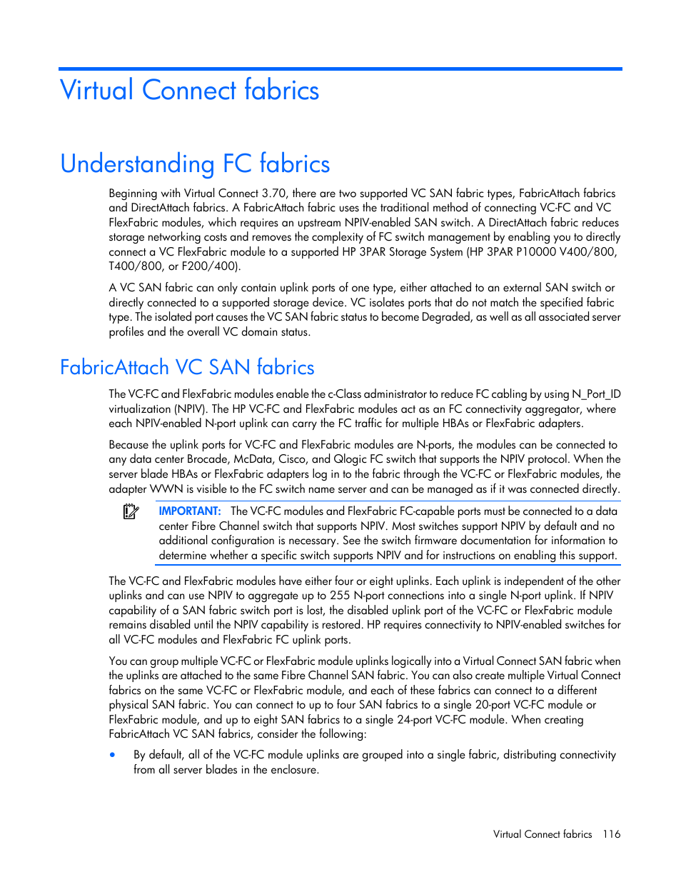 Virtual connect fabrics, Understanding fc fabrics, Fabricattach vc san fabrics | HP Virtual Connect 8Gb 24-port Fibre Channel Module for c-Class BladeSystem User Manual | Page 116 / 262