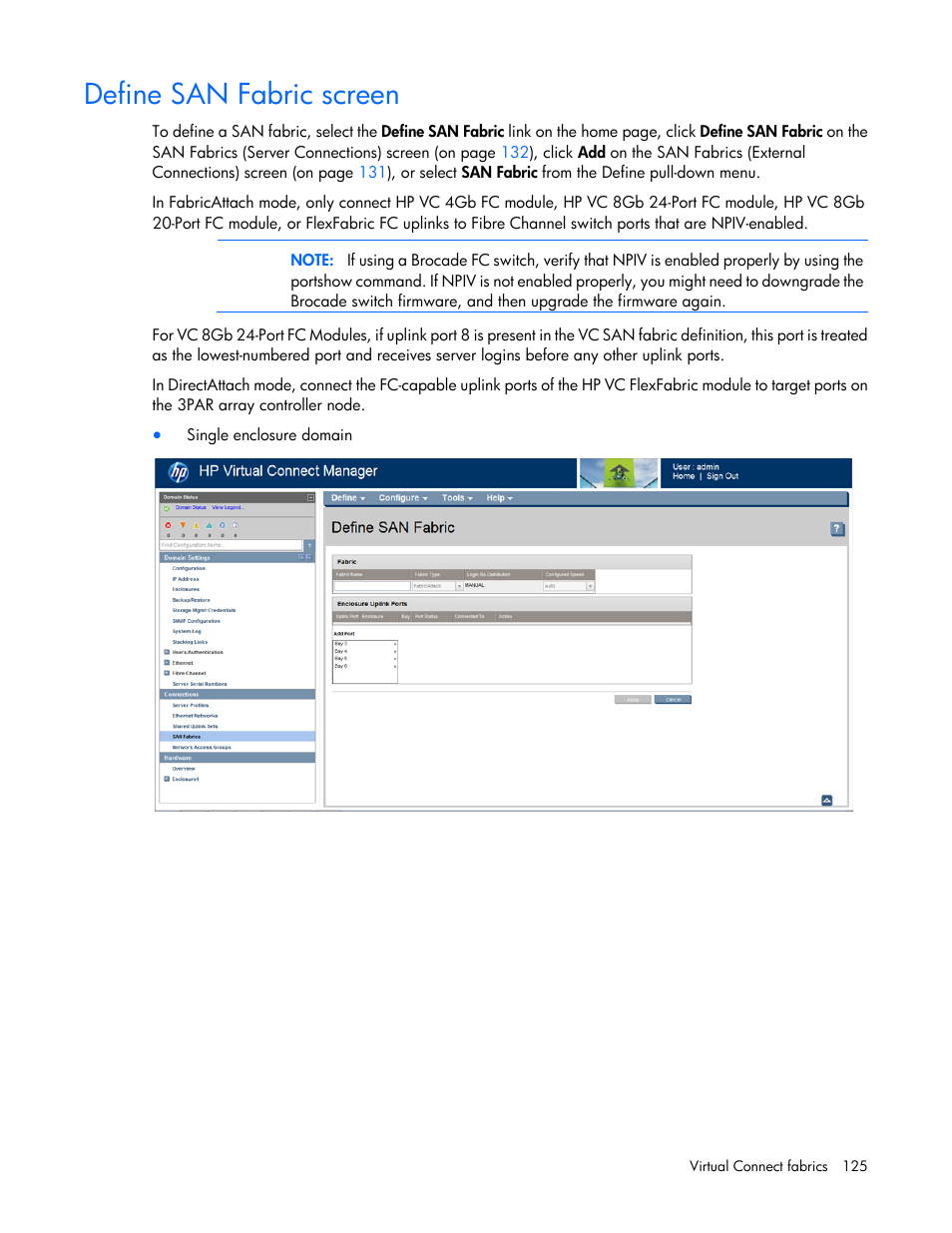 Define san fabric screen | HP Virtual Connect 8Gb 24-port Fibre Channel Module for c-Class BladeSystem User Manual | Page 125 / 262