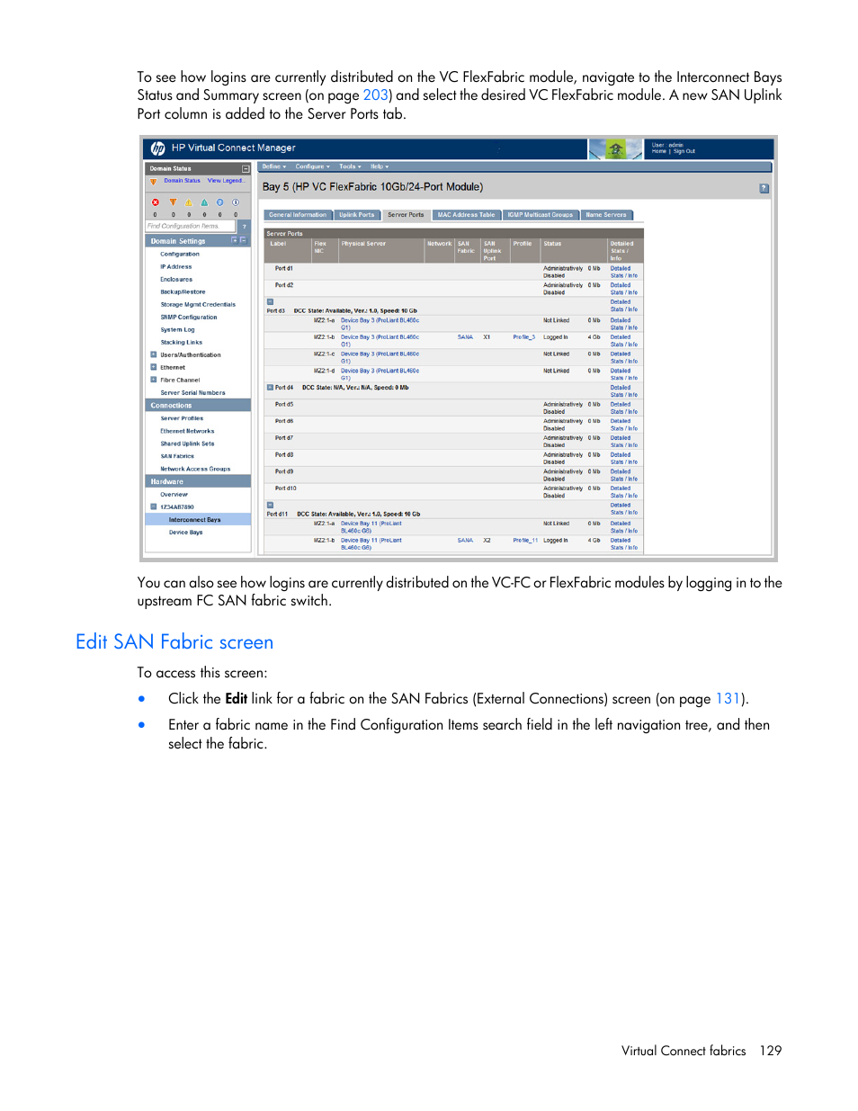 Edit san fabric screen | HP Virtual Connect 8Gb 24-port Fibre Channel Module for c-Class BladeSystem User Manual | Page 129 / 262