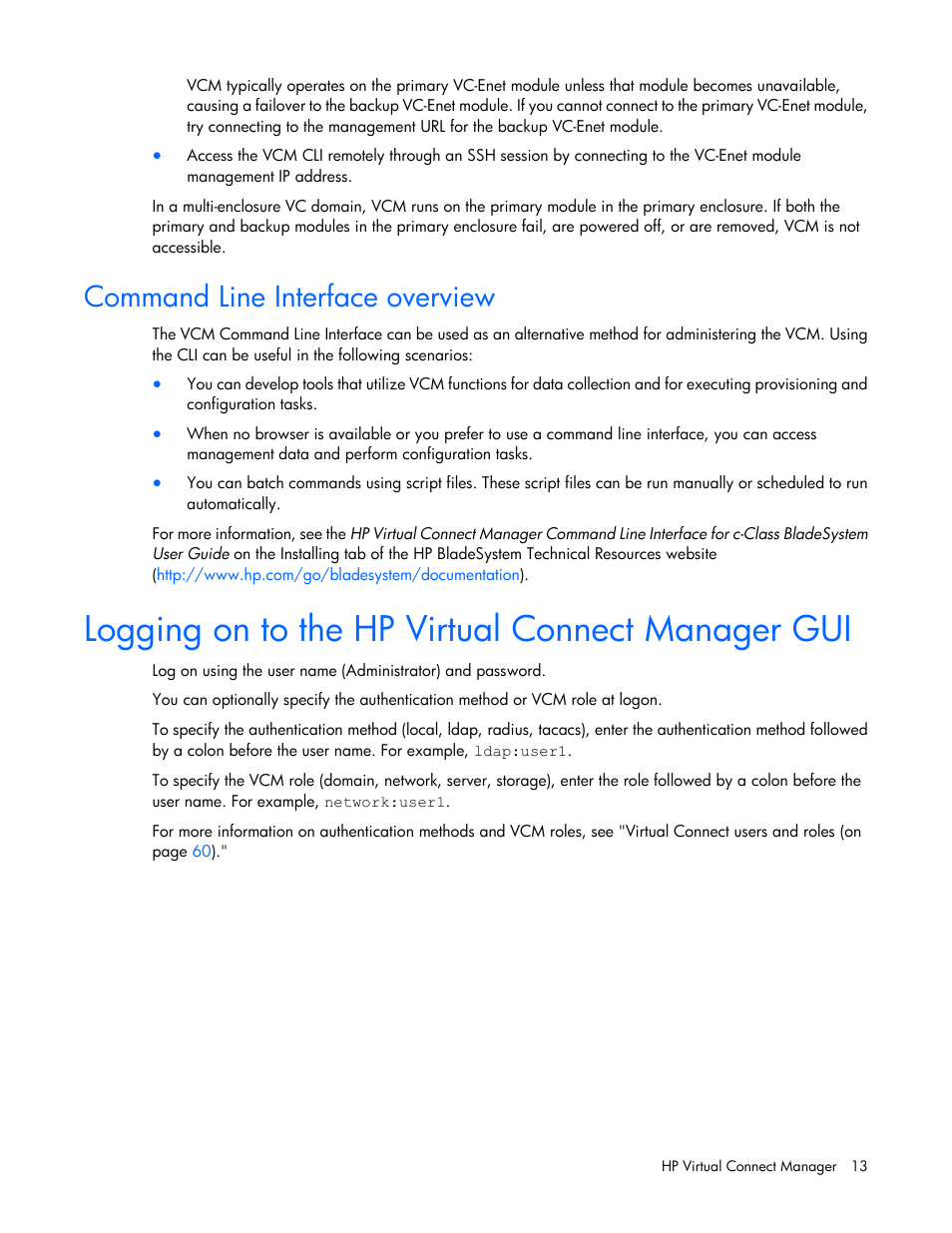 Command line interface overview, Logging on to the hp virtual connect manager gui | HP Virtual Connect 8Gb 24-port Fibre Channel Module for c-Class BladeSystem User Manual | Page 13 / 262