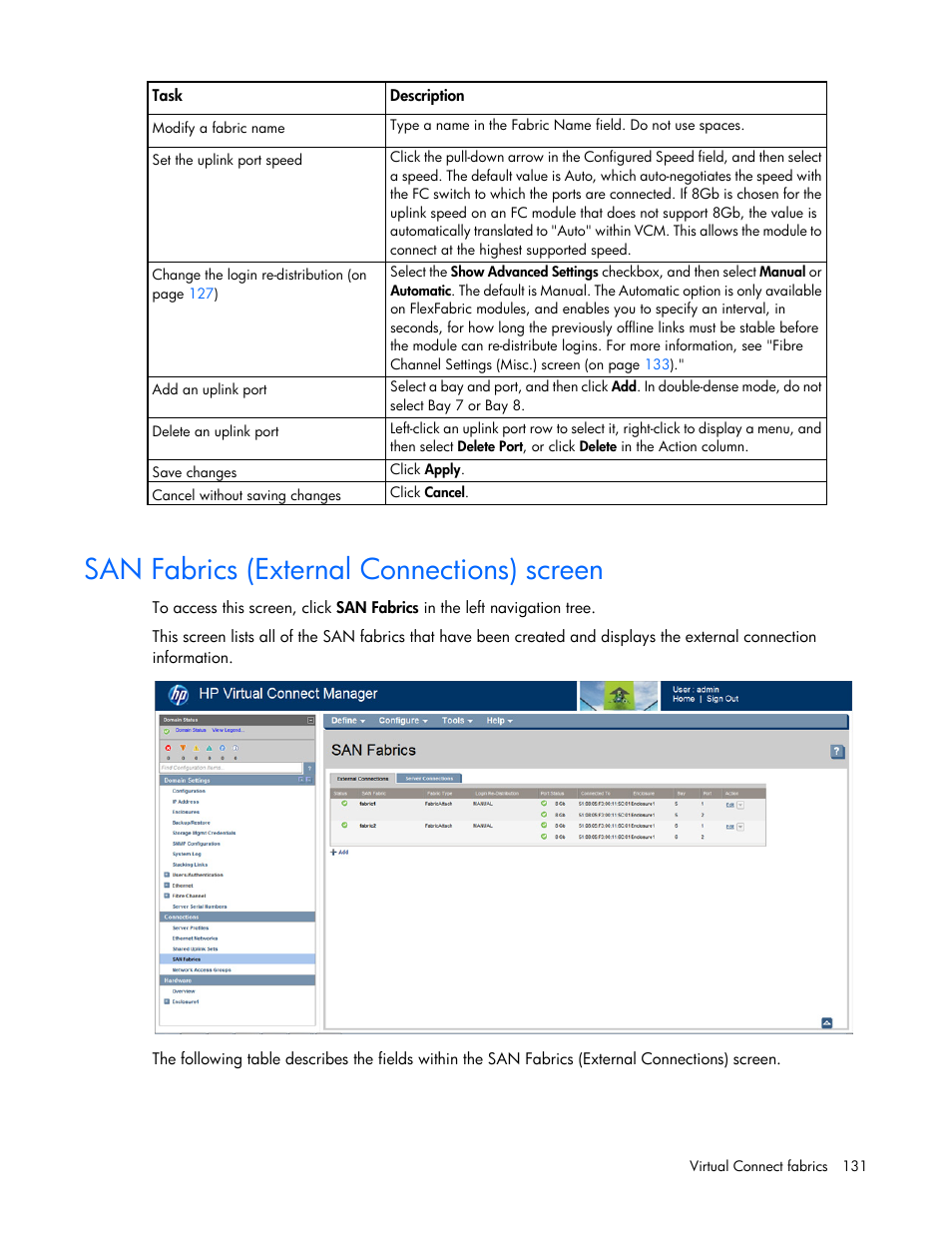 San fabrics (external connections) screen | HP Virtual Connect 8Gb 24-port Fibre Channel Module for c-Class BladeSystem User Manual | Page 131 / 262
