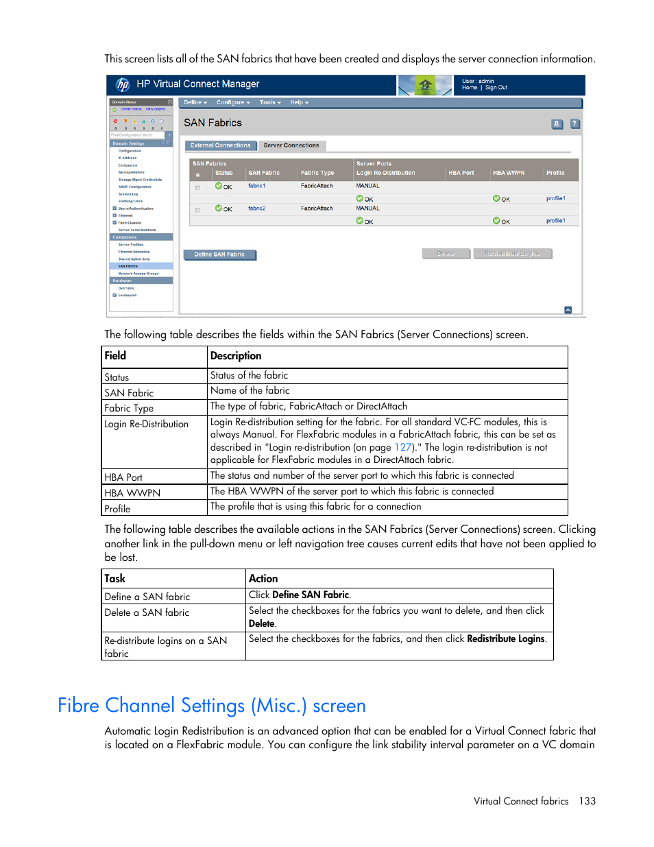 Fibre channel settings (misc.) screen | HP Virtual Connect 8Gb 24-port Fibre Channel Module for c-Class BladeSystem User Manual | Page 133 / 262