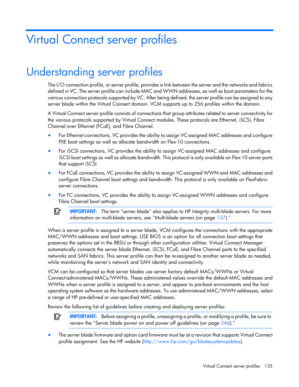 Virtual connect server profiles, Understanding server profiles | HP Virtual Connect 8Gb 24-port Fibre Channel Module for c-Class BladeSystem User Manual | Page 135 / 262