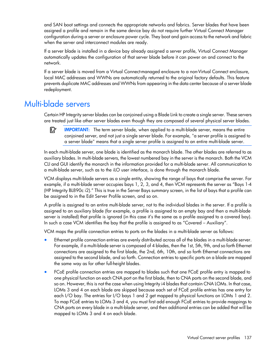 Multi-blade servers | HP Virtual Connect 8Gb 24-port Fibre Channel Module for c-Class BladeSystem User Manual | Page 137 / 262