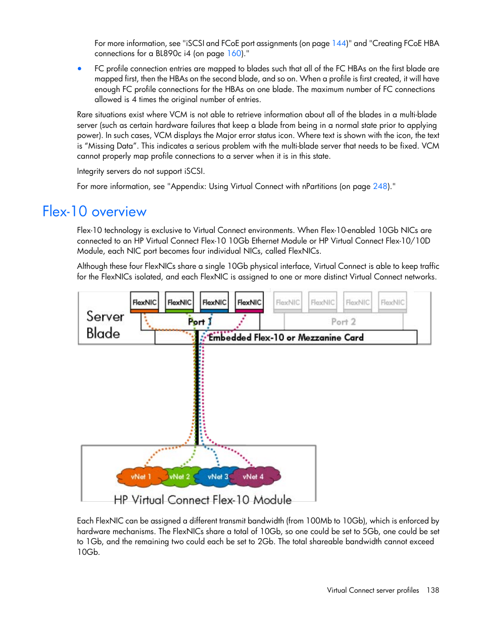 Flex-10 overview | HP Virtual Connect 8Gb 24-port Fibre Channel Module for c-Class BladeSystem User Manual | Page 138 / 262