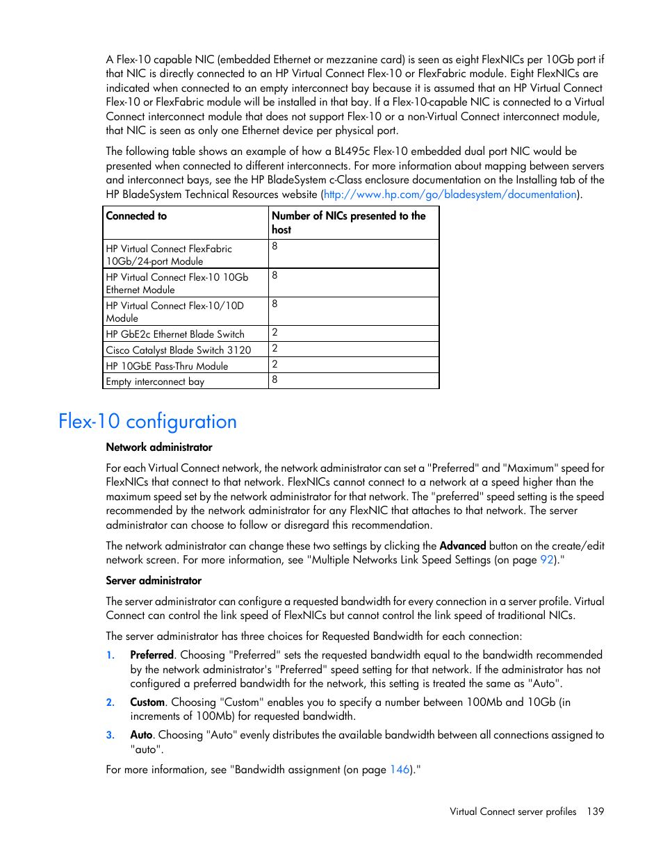 Flex-10 configuration | HP Virtual Connect 8Gb 24-port Fibre Channel Module for c-Class BladeSystem User Manual | Page 139 / 262