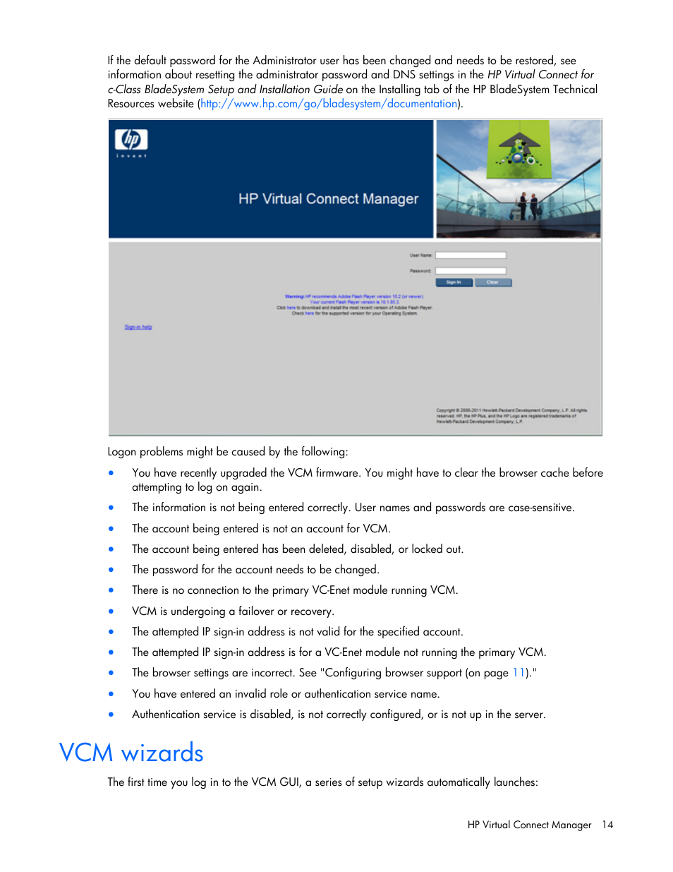 Vcm wizards | HP Virtual Connect 8Gb 24-port Fibre Channel Module for c-Class BladeSystem User Manual | Page 14 / 262