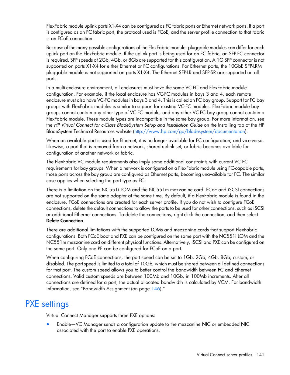 Pxe settings | HP Virtual Connect 8Gb 24-port Fibre Channel Module for c-Class BladeSystem User Manual | Page 141 / 262