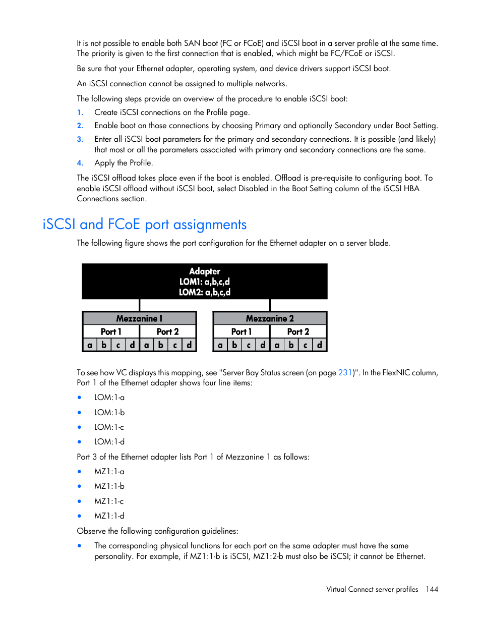 Iscsi and fcoe port assignments | HP Virtual Connect 8Gb 24-port Fibre Channel Module for c-Class BladeSystem User Manual | Page 144 / 262