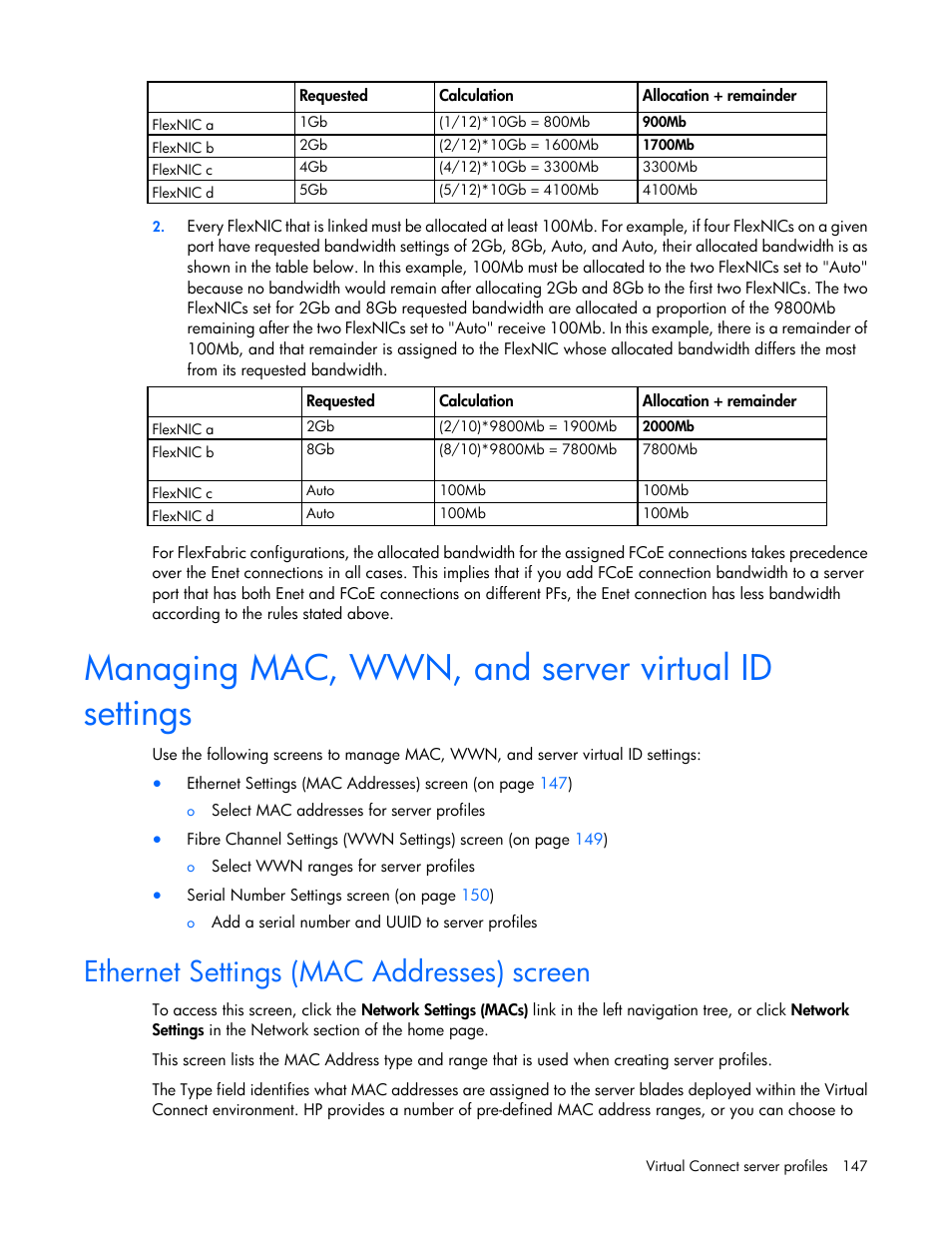 Managing mac, wwn, and server virtual id settings, Ethernet settings (mac addresses) screen | HP Virtual Connect 8Gb 24-port Fibre Channel Module for c-Class BladeSystem User Manual | Page 147 / 262