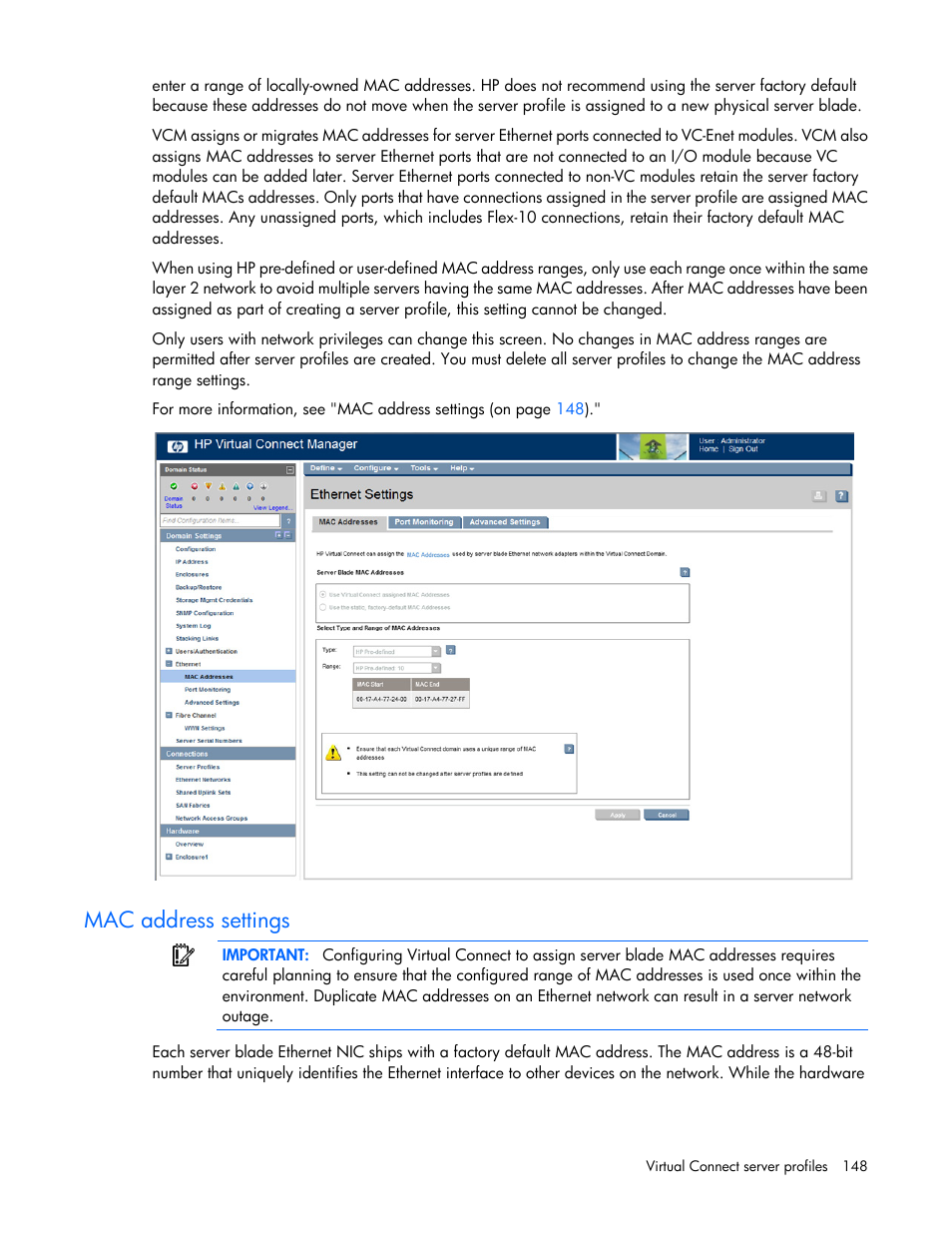 Mac address settings | HP Virtual Connect 8Gb 24-port Fibre Channel Module for c-Class BladeSystem User Manual | Page 148 / 262