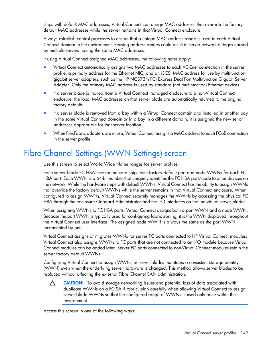 Fibre channel settings (wwn settings) screen | HP Virtual Connect 8Gb 24-port Fibre Channel Module for c-Class BladeSystem User Manual | Page 149 / 262