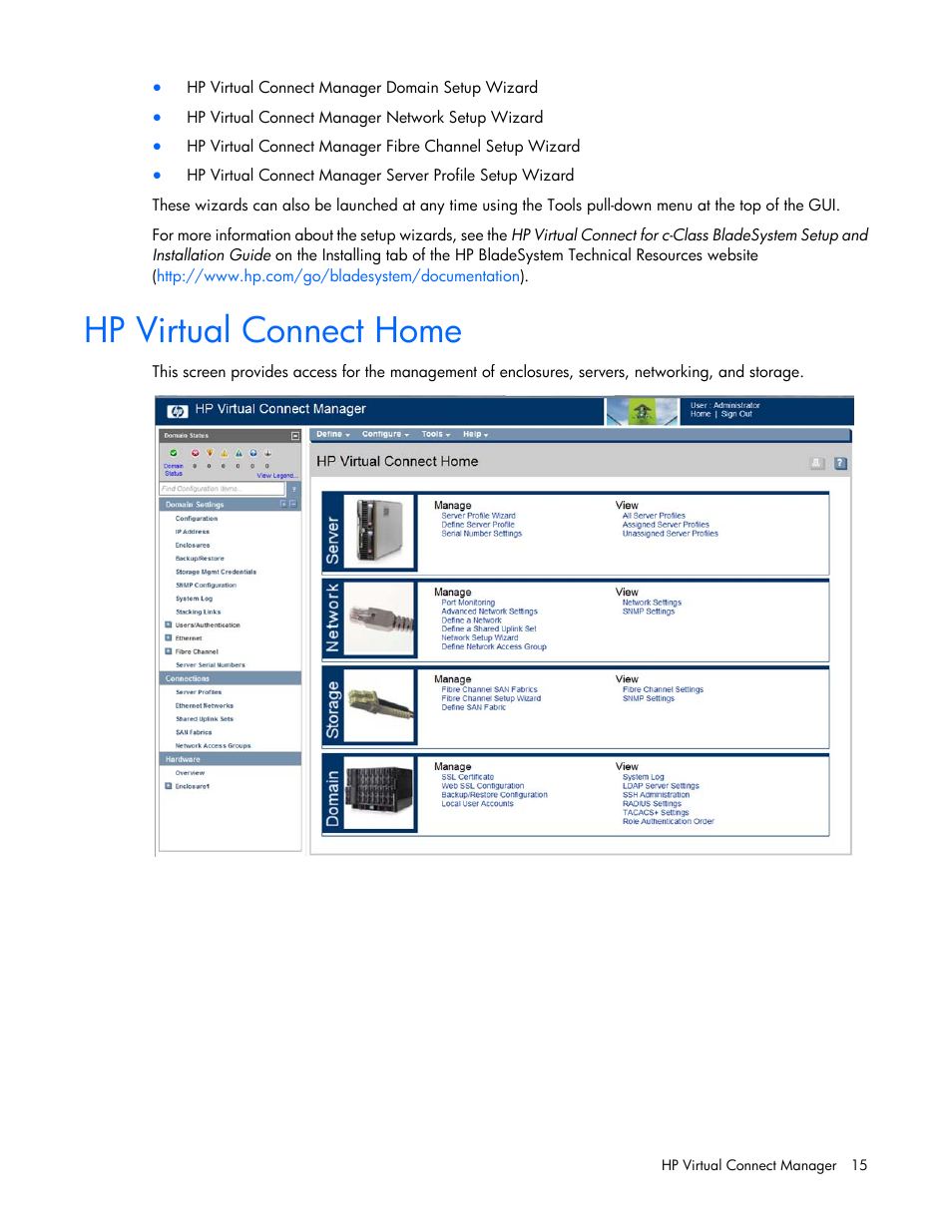 Hp virtual connect home | HP Virtual Connect 8Gb 24-port Fibre Channel Module for c-Class BladeSystem User Manual | Page 15 / 262