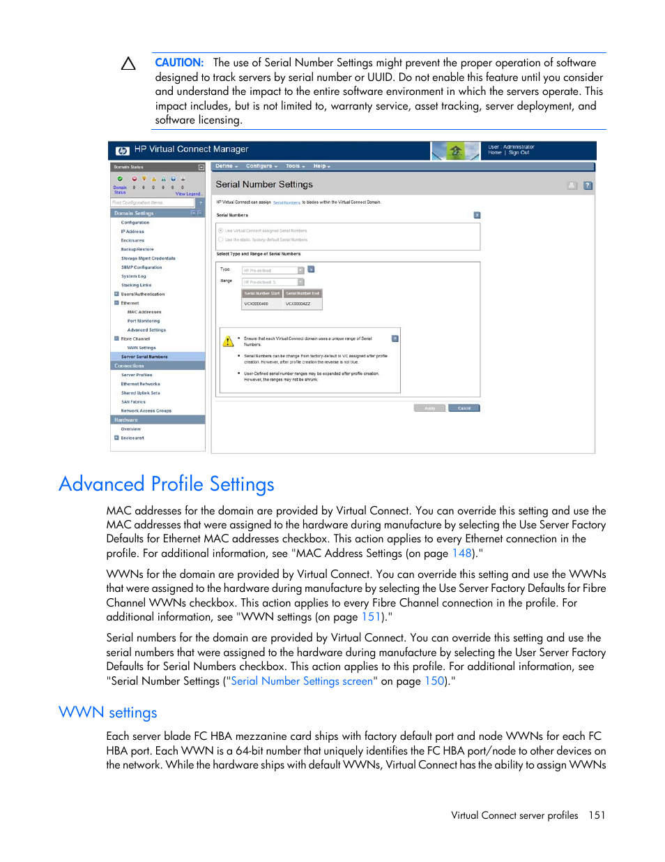 Advanced profile settings, Wwn settings | HP Virtual Connect 8Gb 24-port Fibre Channel Module for c-Class BladeSystem User Manual | Page 151 / 262
