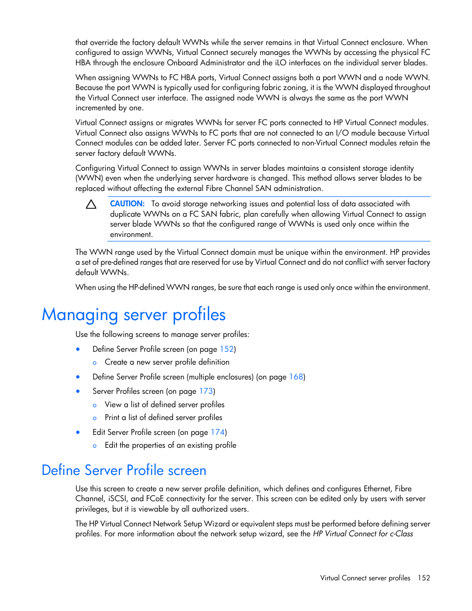 Managing server profiles, Define server profile screen | HP Virtual Connect 8Gb 24-port Fibre Channel Module for c-Class BladeSystem User Manual | Page 152 / 262