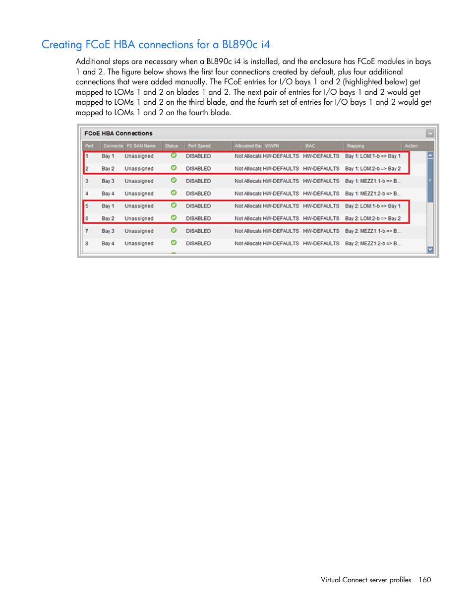 Creating fcoe hba connections for a bl890c i4 | HP Virtual Connect 8Gb 24-port Fibre Channel Module for c-Class BladeSystem User Manual | Page 160 / 262