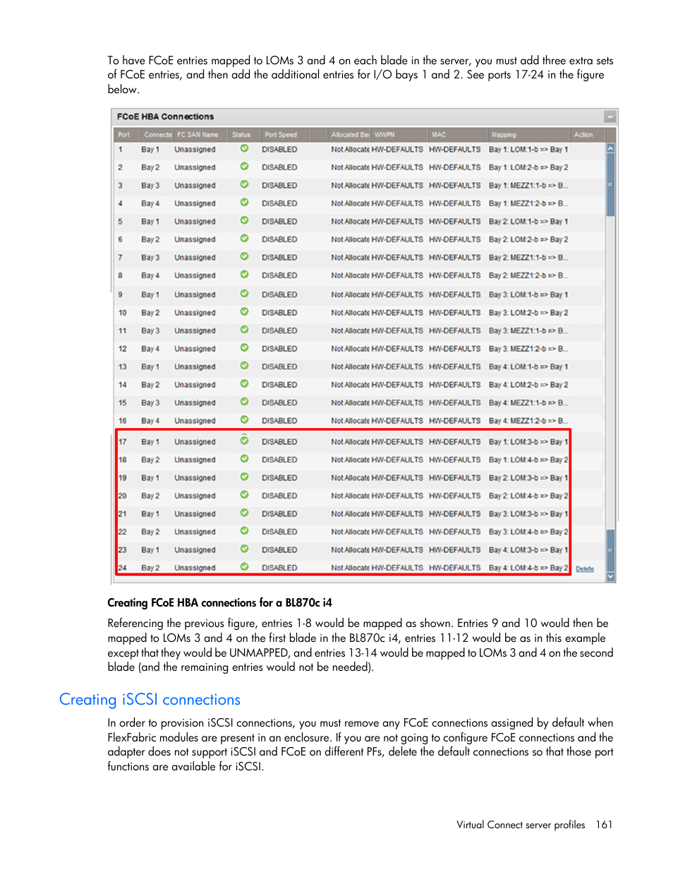 Creating iscsi connections | HP Virtual Connect 8Gb 24-port Fibre Channel Module for c-Class BladeSystem User Manual | Page 161 / 262