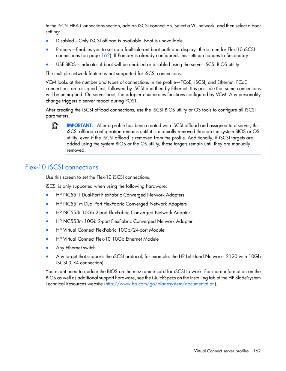 Flex-10 iscsi connections | HP Virtual Connect 8Gb 24-port Fibre Channel Module for c-Class BladeSystem User Manual | Page 162 / 262
