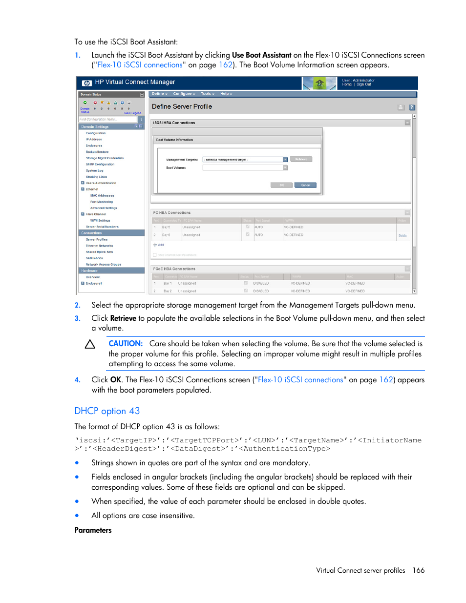 Dhcp option 43 | HP Virtual Connect 8Gb 24-port Fibre Channel Module for c-Class BladeSystem User Manual | Page 166 / 262