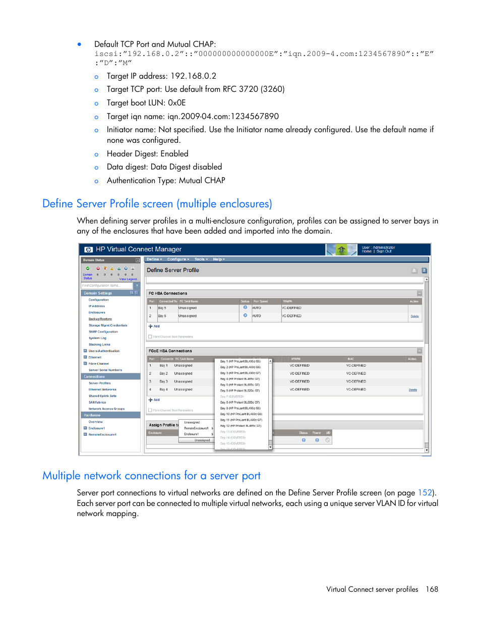 Define server profile screen (multiple enclosures), Multiple network connections for a server port | HP Virtual Connect 8Gb 24-port Fibre Channel Module for c-Class BladeSystem User Manual | Page 168 / 262
