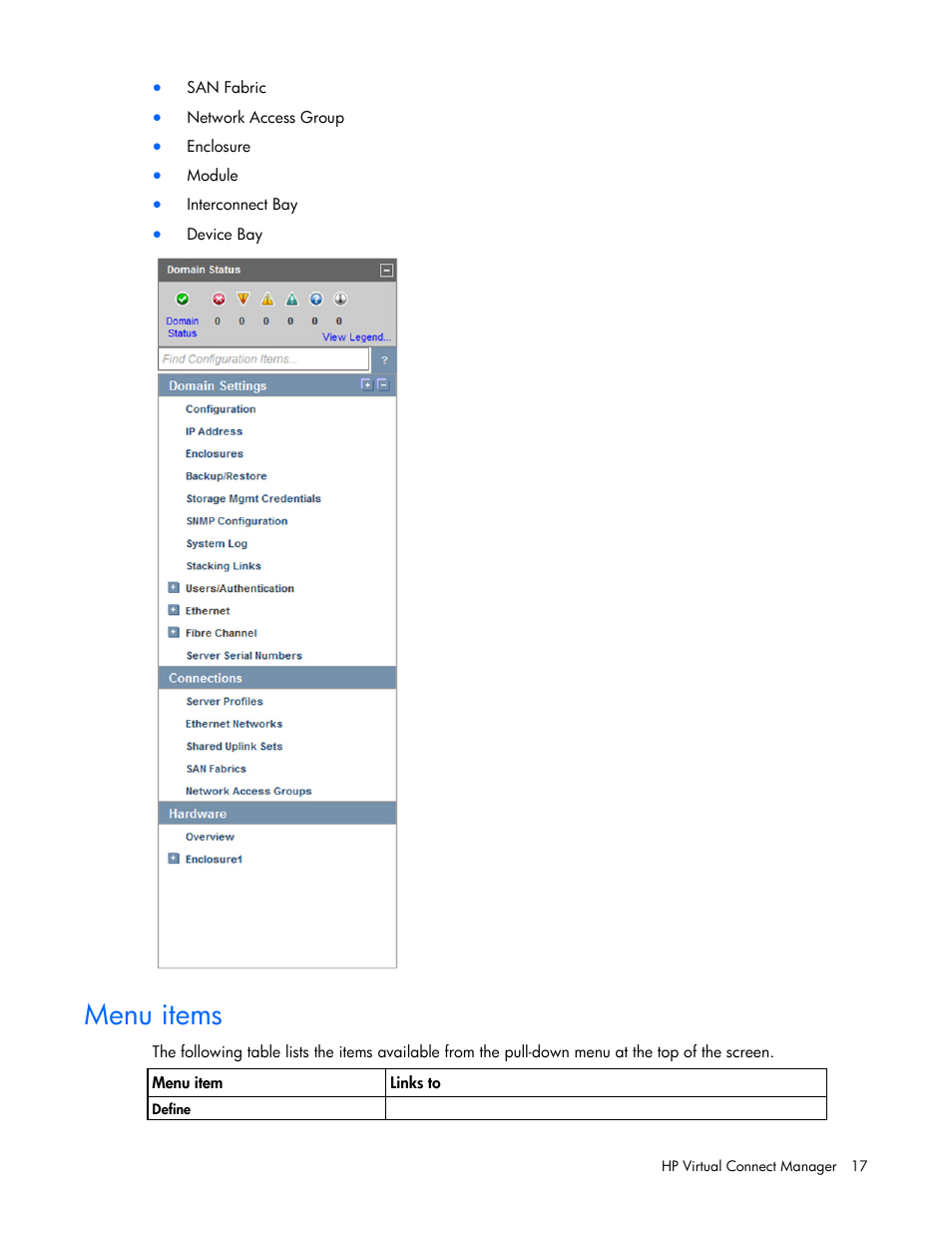 Menu items | HP Virtual Connect 8Gb 24-port Fibre Channel Module for c-Class BladeSystem User Manual | Page 17 / 262