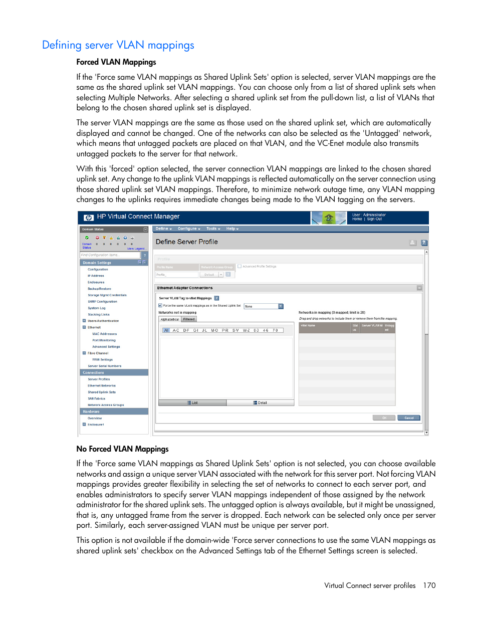 Defining server vlan mappings | HP Virtual Connect 8Gb 24-port Fibre Channel Module for c-Class BladeSystem User Manual | Page 170 / 262