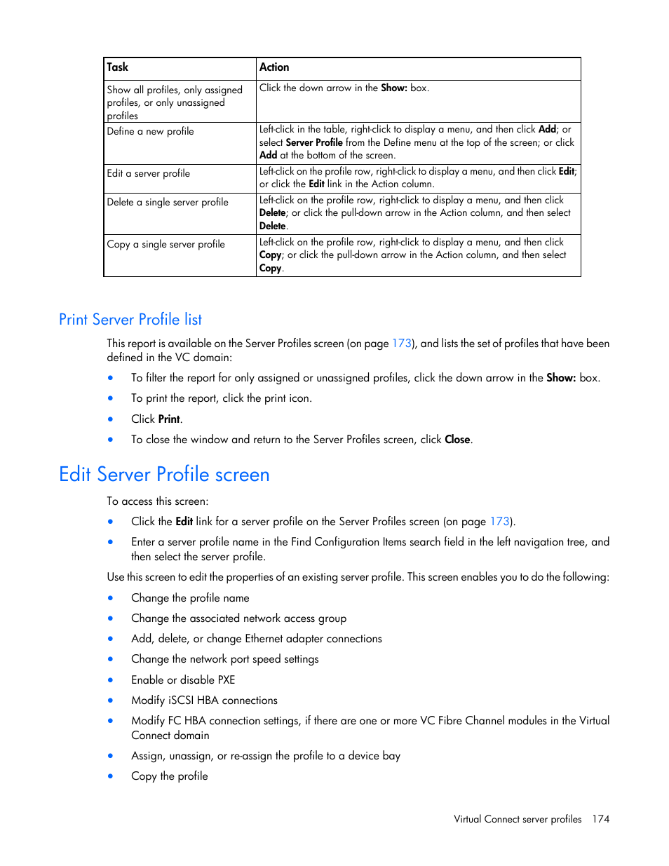 Print server profile list, Edit server profile screen | HP Virtual Connect 8Gb 24-port Fibre Channel Module for c-Class BladeSystem User Manual | Page 174 / 262