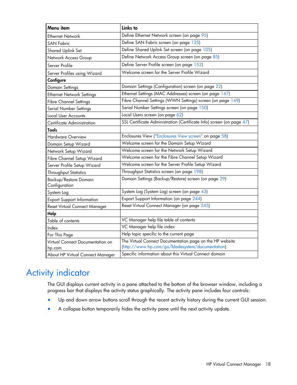 Activity indicator | HP Virtual Connect 8Gb 24-port Fibre Channel Module for c-Class BladeSystem User Manual | Page 18 / 262