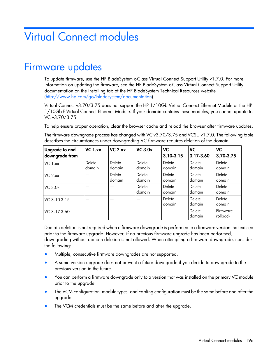 Virtual connect modules, Firmware updates | HP Virtual Connect 8Gb 24-port Fibre Channel Module for c-Class BladeSystem User Manual | Page 196 / 262