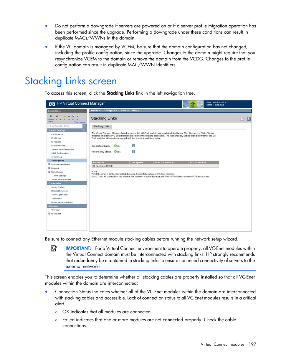 Stacking links screen | HP Virtual Connect 8Gb 24-port Fibre Channel Module for c-Class BladeSystem User Manual | Page 197 / 262