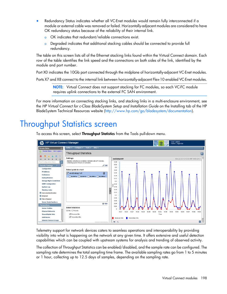 Throughput statistics screen | HP Virtual Connect 8Gb 24-port Fibre Channel Module for c-Class BladeSystem User Manual | Page 198 / 262