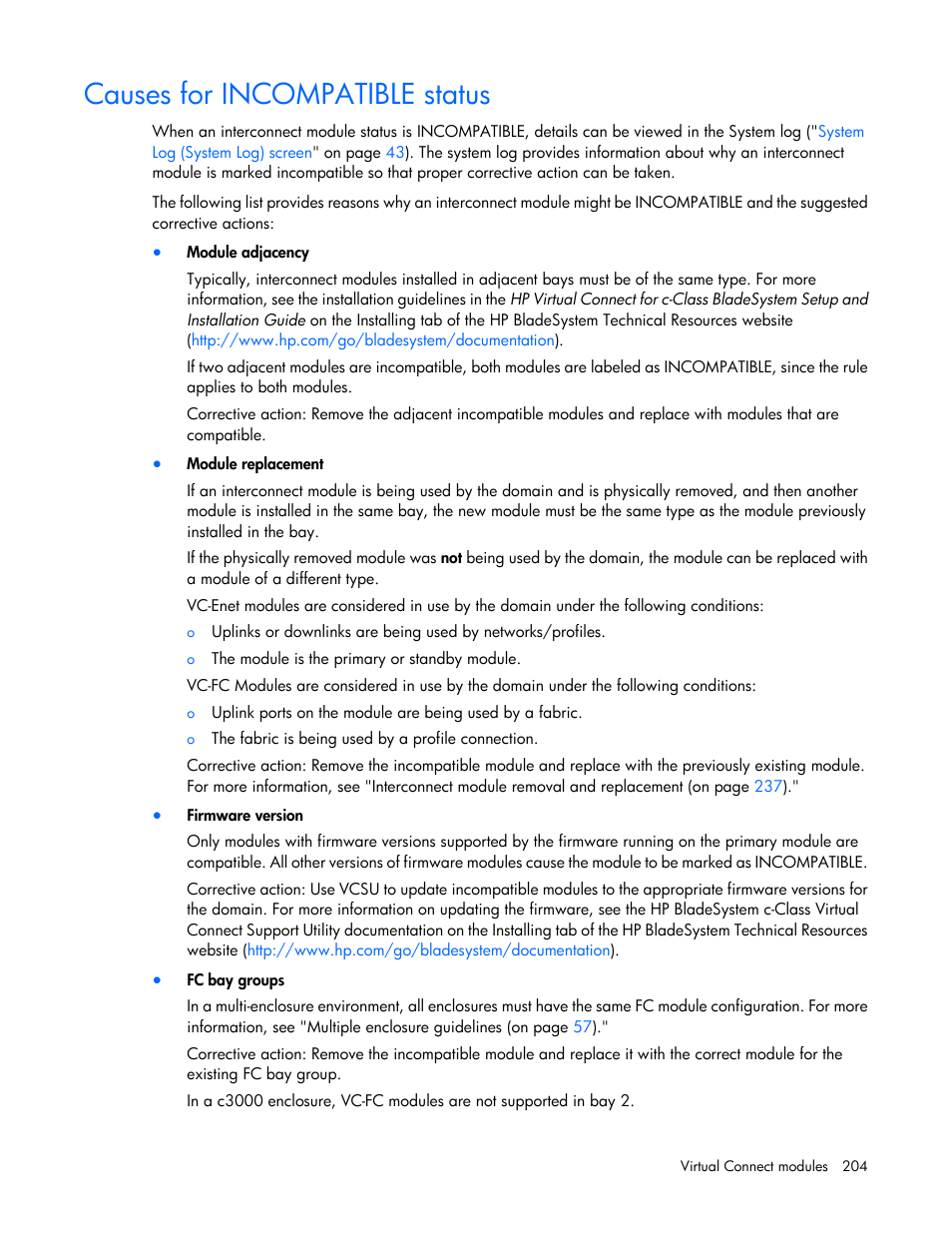 Causes for incompatible status | HP Virtual Connect 8Gb 24-port Fibre Channel Module for c-Class BladeSystem User Manual | Page 204 / 262
