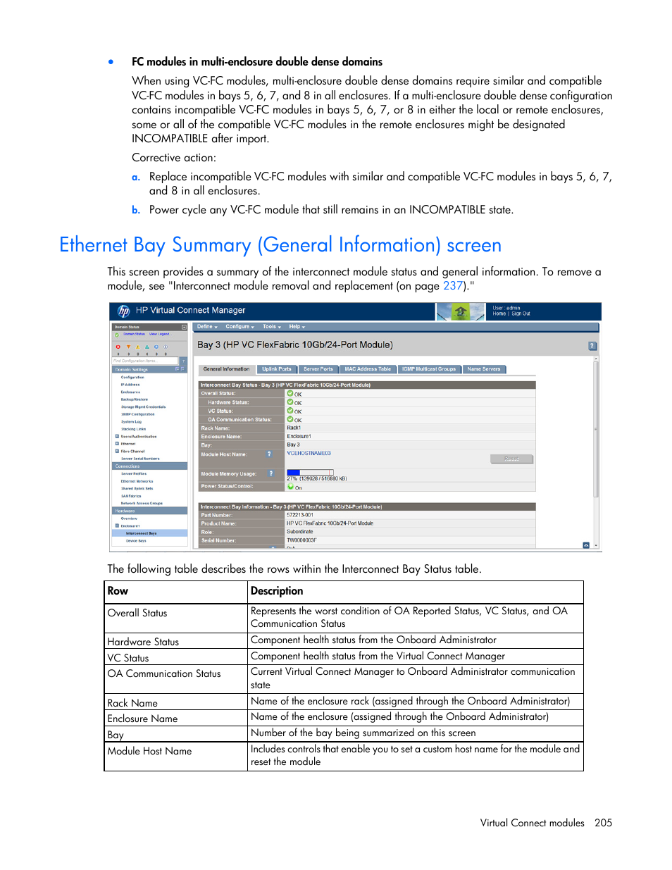 Ethernet bay summary (general information) screen, Ethernet bay summary (general, Information) screen | HP Virtual Connect 8Gb 24-port Fibre Channel Module for c-Class BladeSystem User Manual | Page 205 / 262