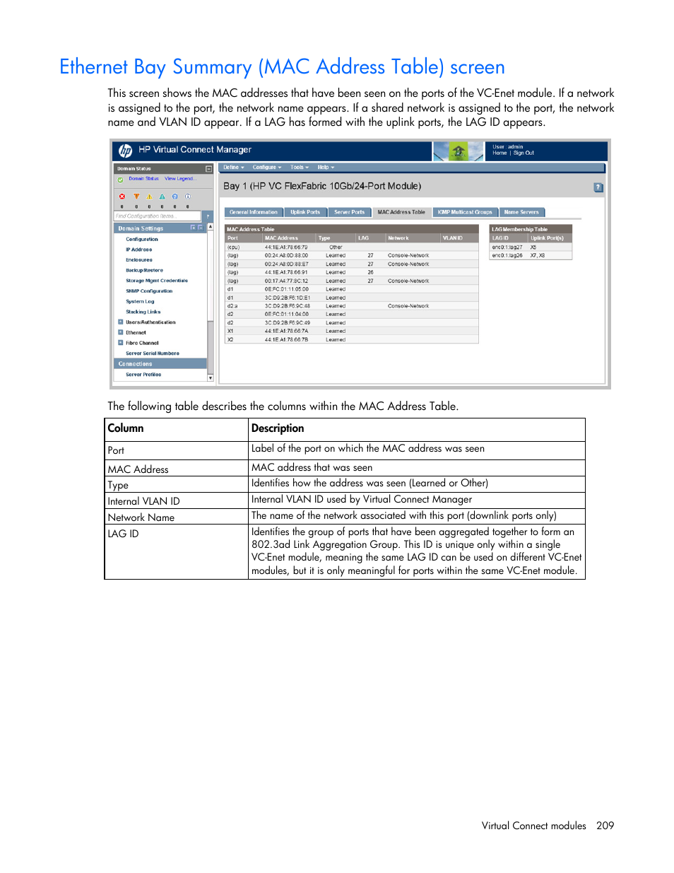 Ethernet bay summary (mac address table) screen | HP Virtual Connect 8Gb 24-port Fibre Channel Module for c-Class BladeSystem User Manual | Page 209 / 262