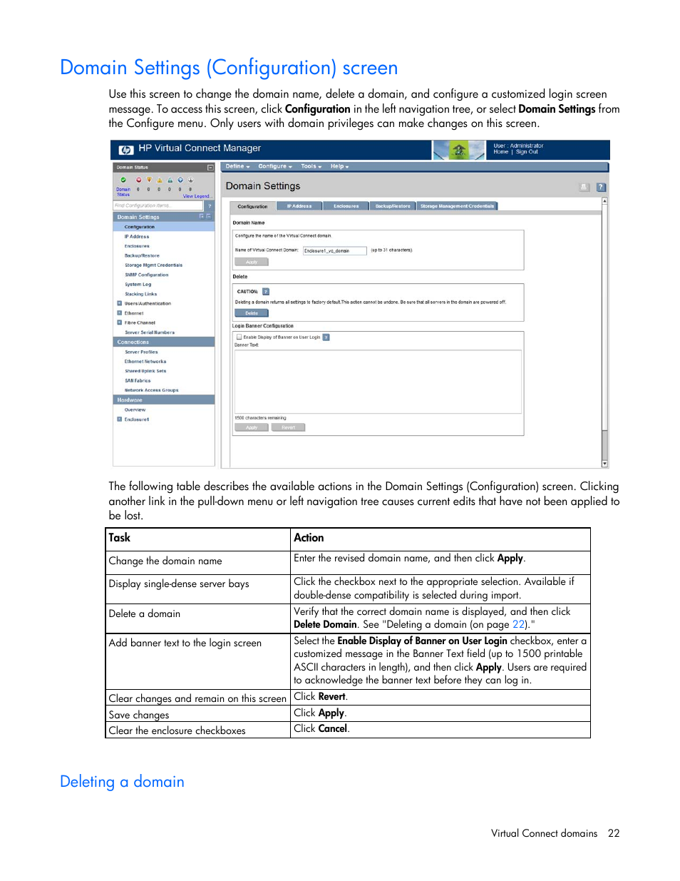 Domain settings (configuration) screen, Deleting a domain | HP Virtual Connect 8Gb 24-port Fibre Channel Module for c-Class BladeSystem User Manual | Page 22 / 262