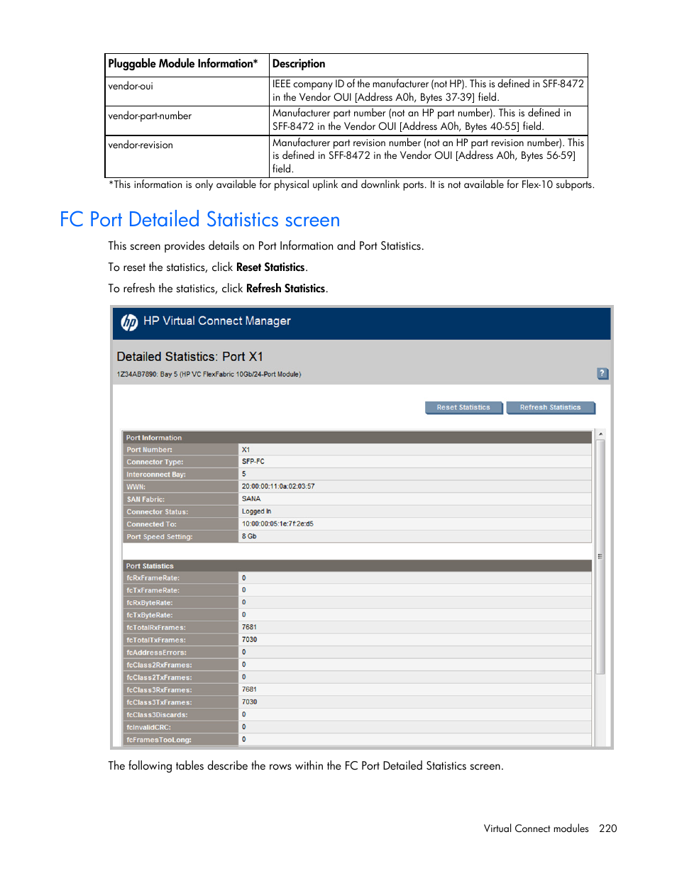 Fc port detailed statistics screen, Fc port, Detailed statistics screen | HP Virtual Connect 8Gb 24-port Fibre Channel Module for c-Class BladeSystem User Manual | Page 220 / 262