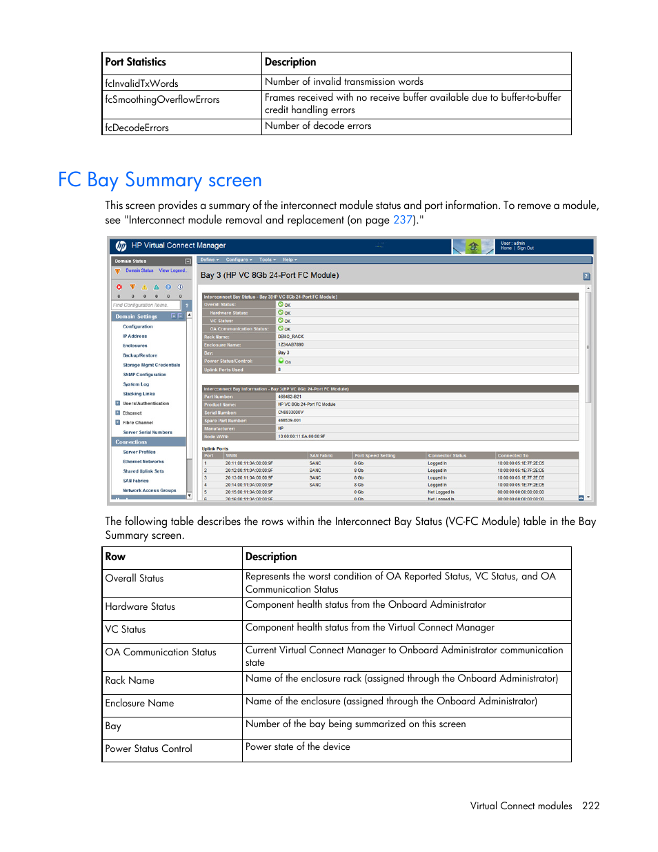 Fc bay summary screen | HP Virtual Connect 8Gb 24-port Fibre Channel Module for c-Class BladeSystem User Manual | Page 222 / 262