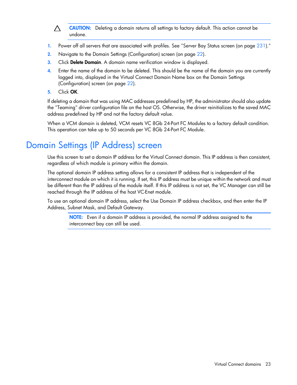 Domain settings (ip address) screen | HP Virtual Connect 8Gb 24-port Fibre Channel Module for c-Class BladeSystem User Manual | Page 23 / 262