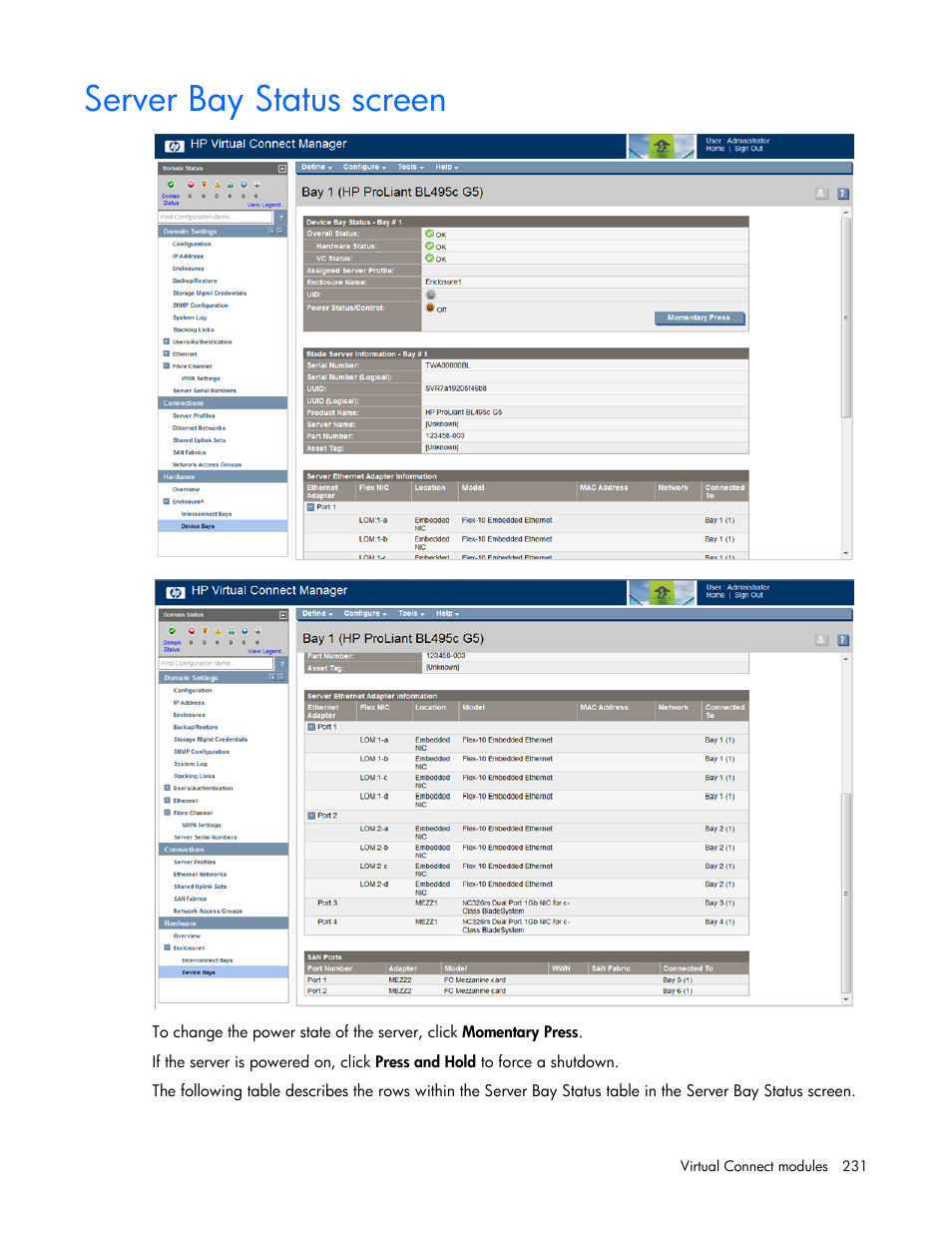 Server bay status screen | HP Virtual Connect 8Gb 24-port Fibre Channel Module for c-Class BladeSystem User Manual | Page 231 / 262