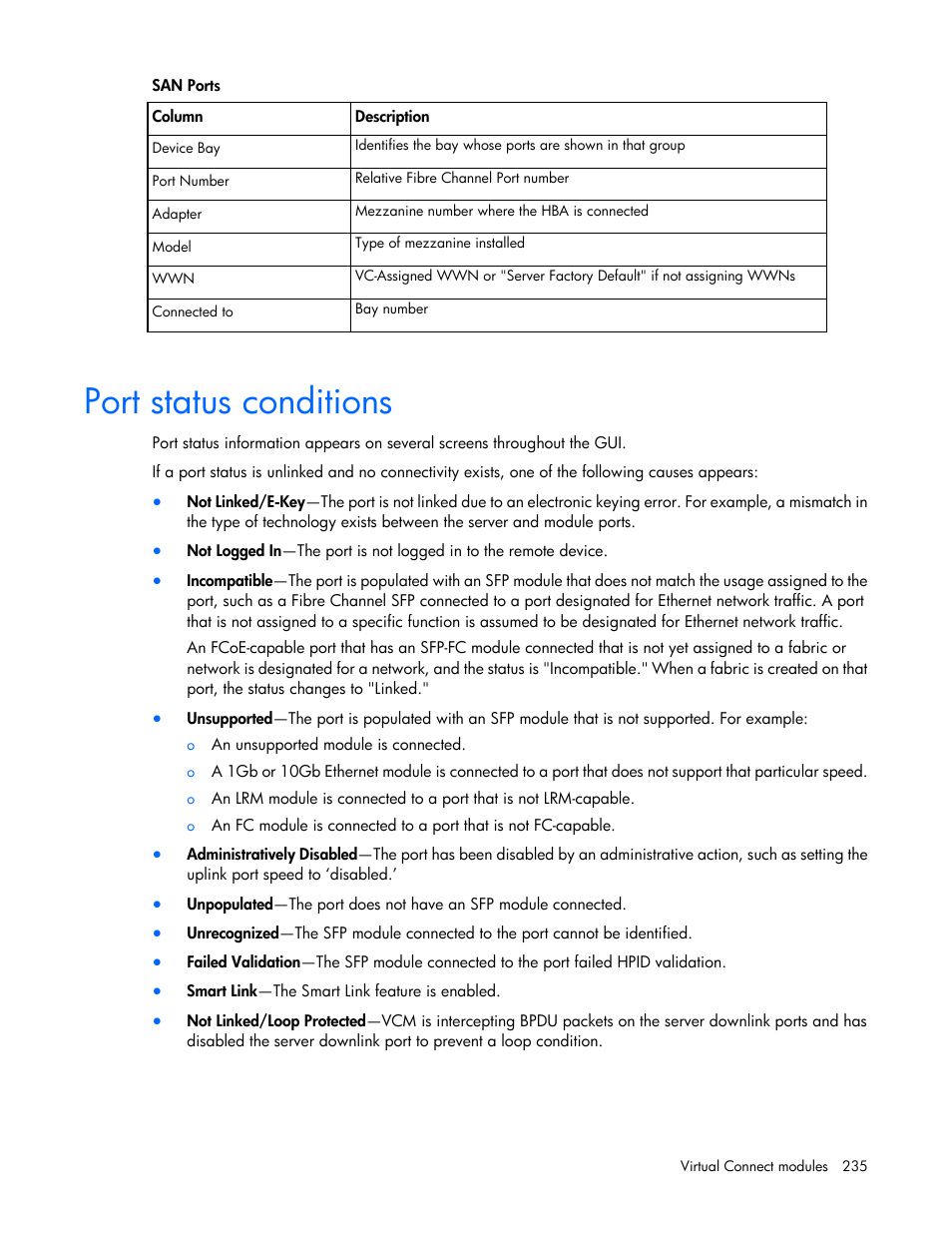 Port status conditions | HP Virtual Connect 8Gb 24-port Fibre Channel Module for c-Class BladeSystem User Manual | Page 235 / 262