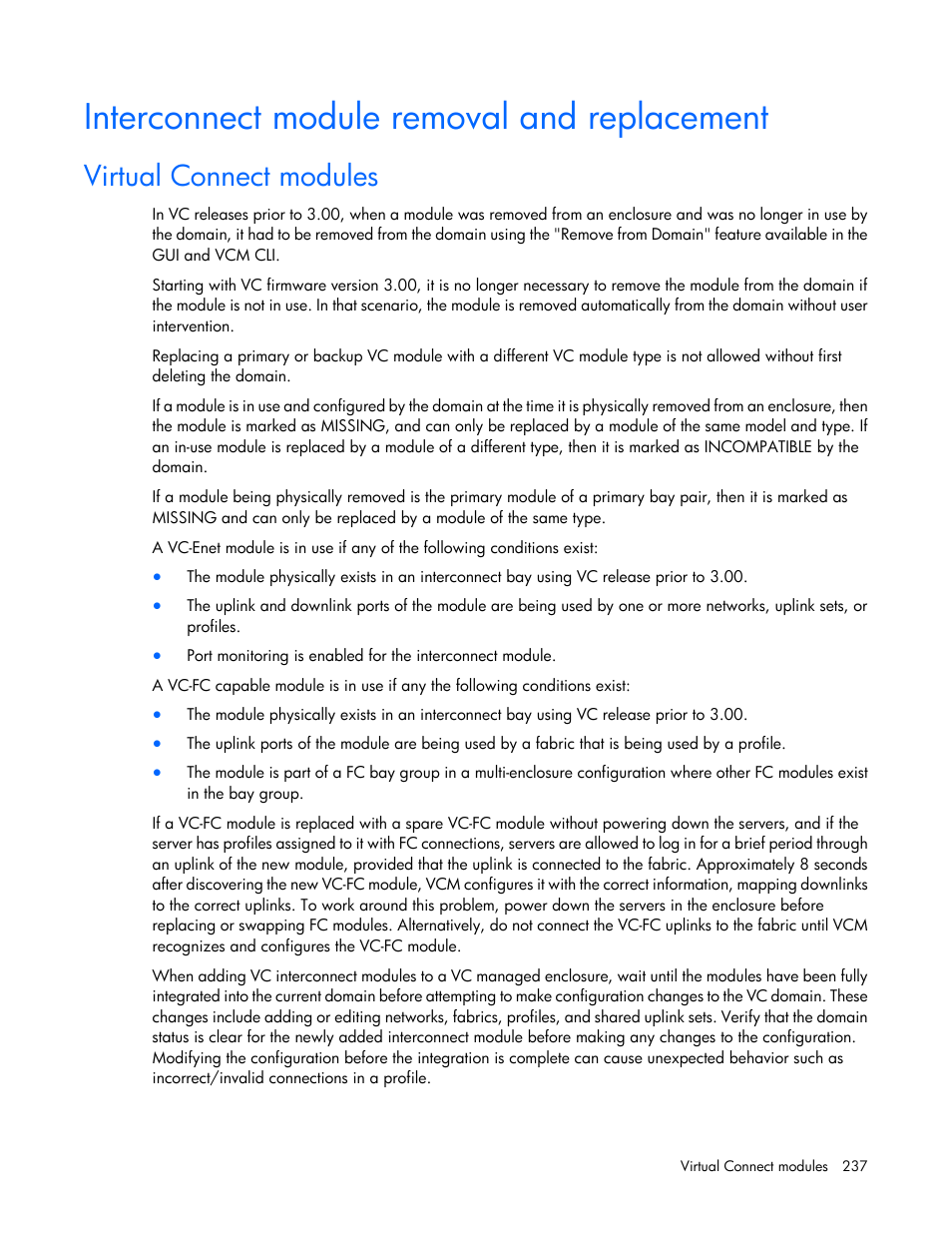 Interconnect module removal and replacement, Virtual connect modules | HP Virtual Connect 8Gb 24-port Fibre Channel Module for c-Class BladeSystem User Manual | Page 237 / 262