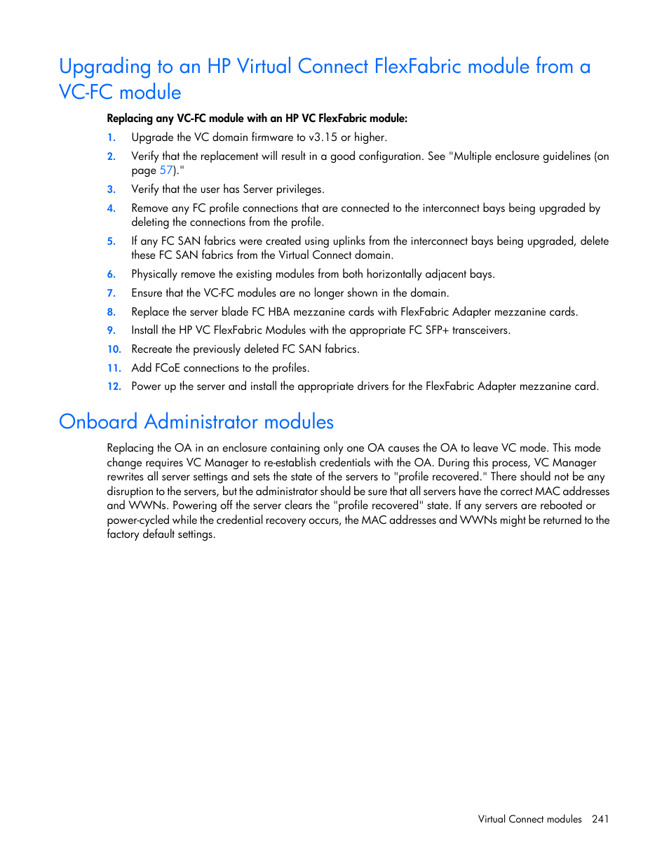 Onboard administrator modules | HP Virtual Connect 8Gb 24-port Fibre Channel Module for c-Class BladeSystem User Manual | Page 241 / 262