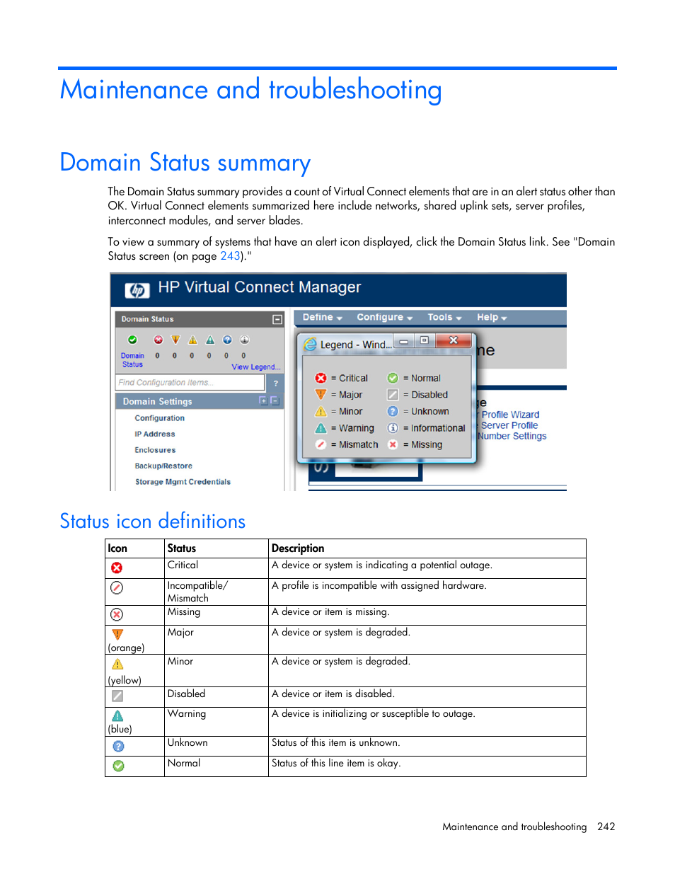 Maintenance and troubleshooting, Domain status summary, Status icon definitions | HP Virtual Connect 8Gb 24-port Fibre Channel Module for c-Class BladeSystem User Manual | Page 242 / 262